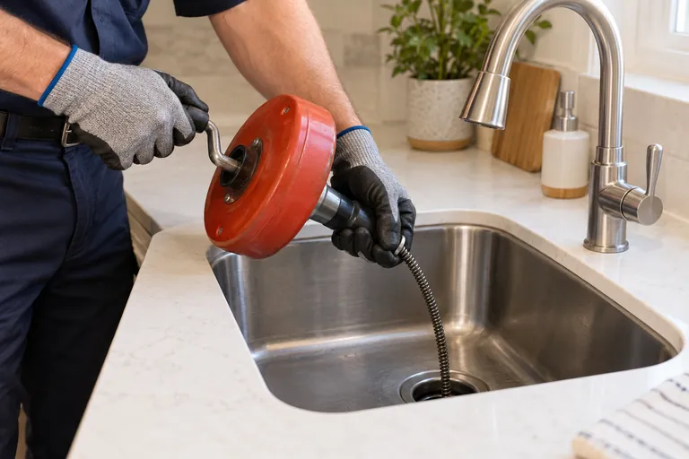 Kitchen sink drain being cleaned with an auger
