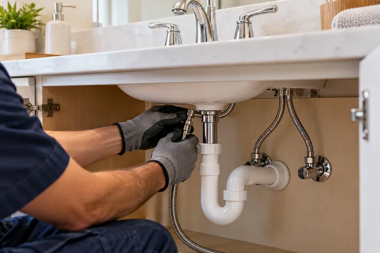 Faucet connections being installed under a vanity