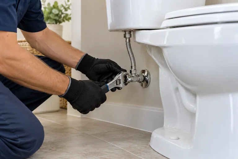 Plumbing connections being repaired beside a toilet