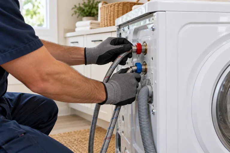 Washing machine connections being inspected