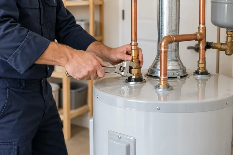 Water heater connections being inspected